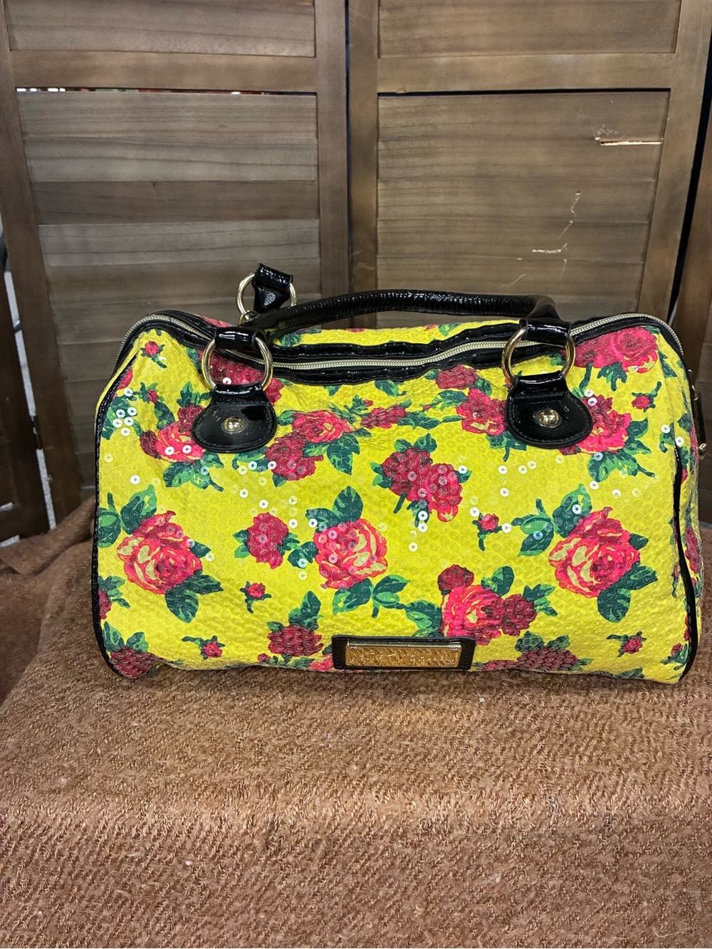 Betsey Johnson Yellow Floral Satchel with Pink Rose Accents